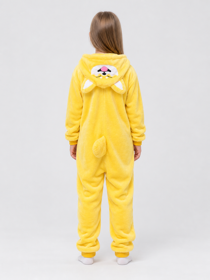 Yellow Flannel Pajama Jumpsuit with Hood and Ears