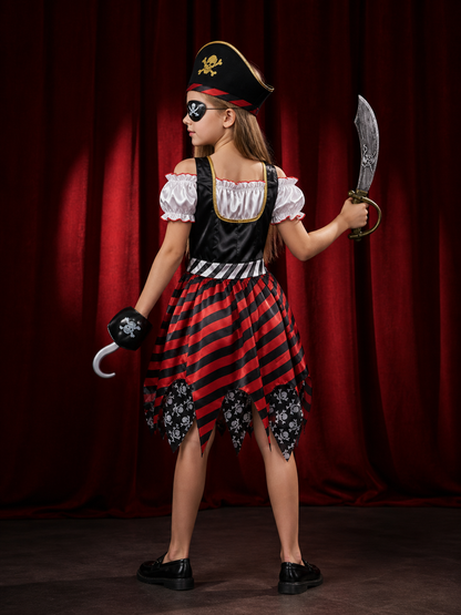 Kids Pirate Costume Dress Set with Skull Print, Hat, Eye Patch, Sword & Hook for back view