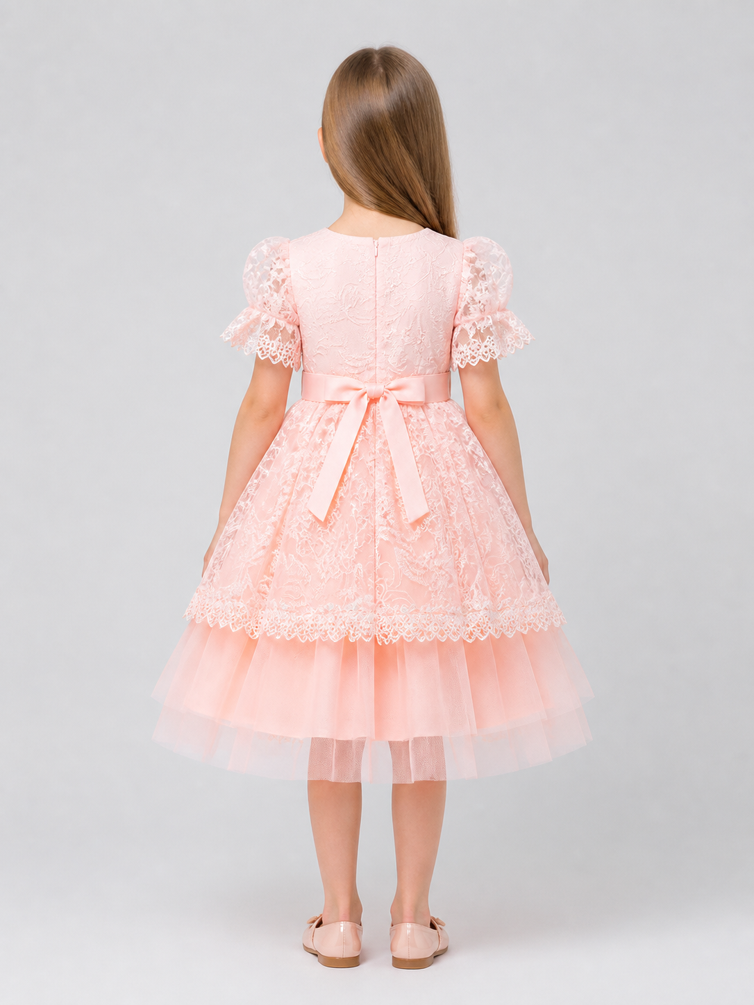 Pink Princess Dress for Girls with Embroidery and Lace back view