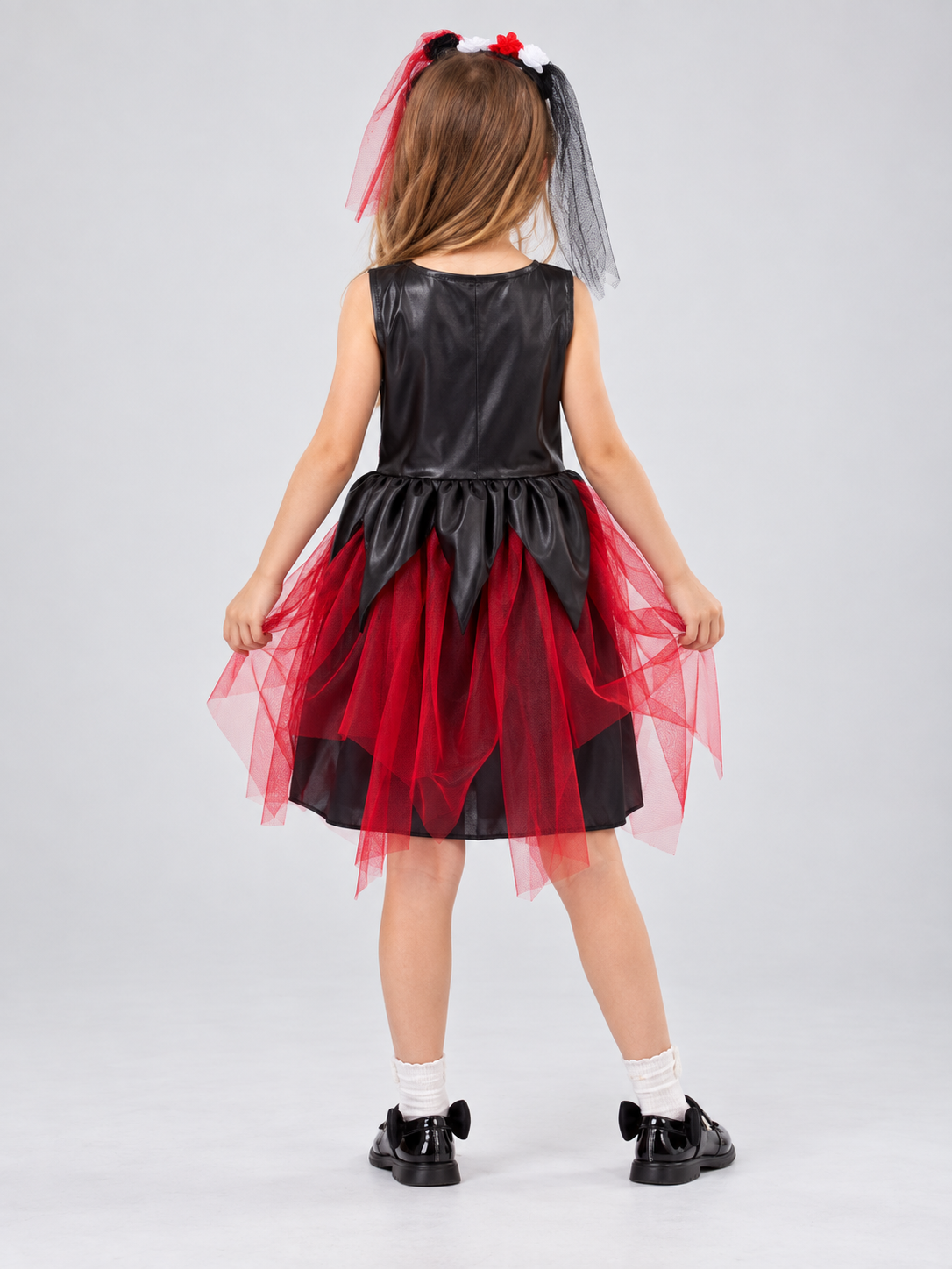 Carnival costume with mesh skirt, skeleton print, rose