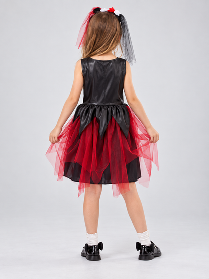 Carnival costume with mesh skirt, skeleton print, rose