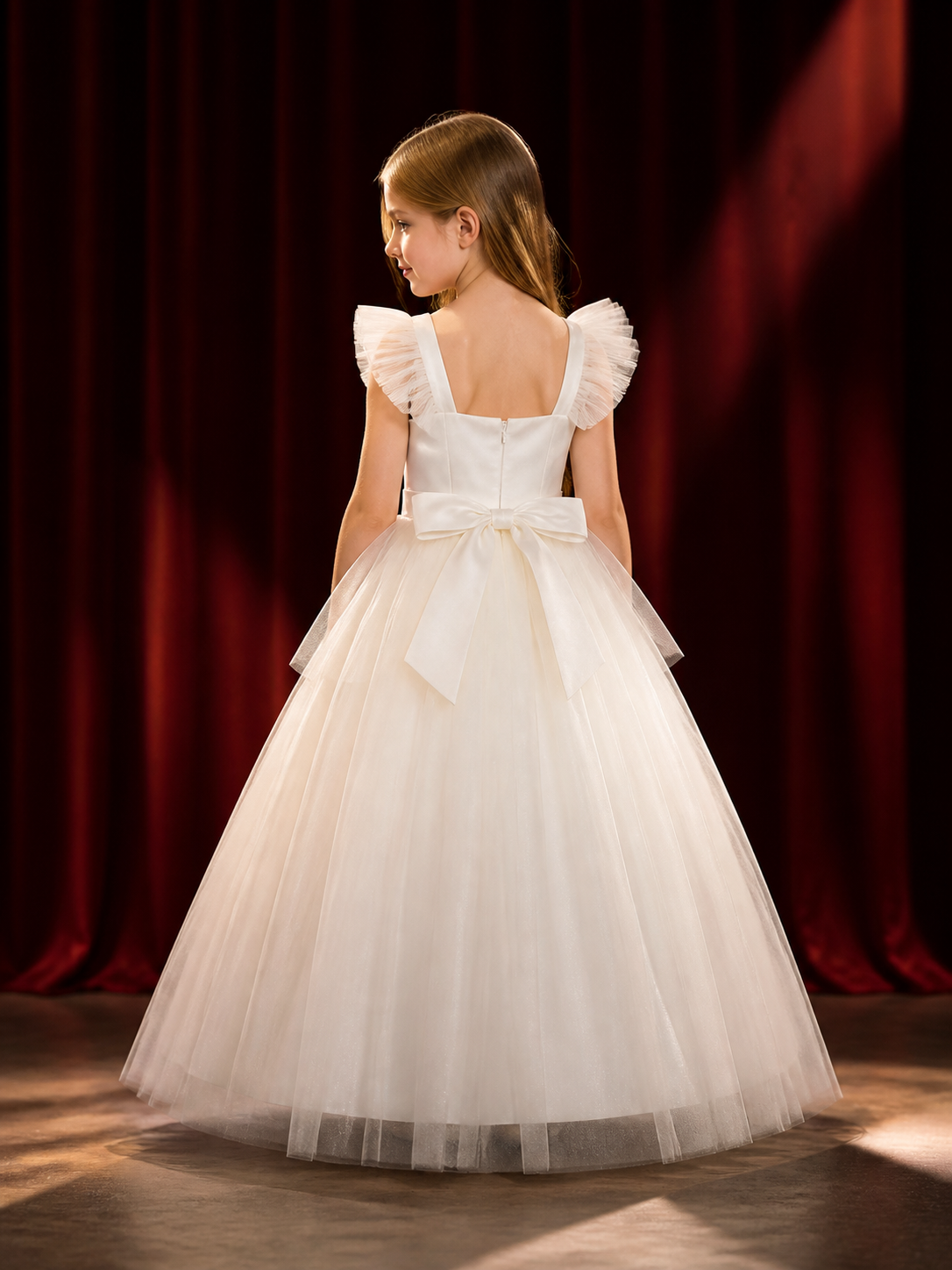 Girls' White Princess Formal Dress, Layered Tulle Ruffles, Rhinestone Flower and back view