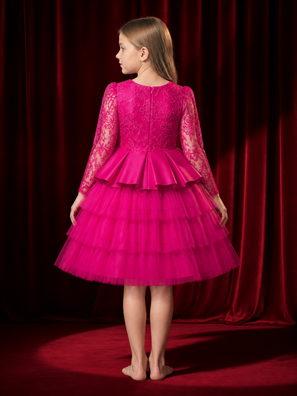 Girls' Rose Red Princess Dress With Floral Embroidery, Lace Sleeves, And Layered back view