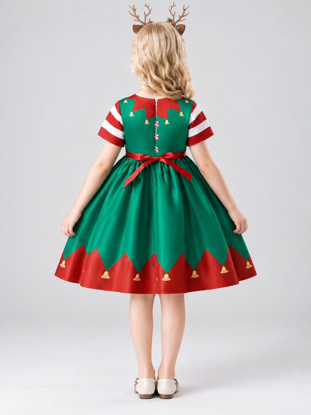 Girls' Festive Dress with Christmas Print and Bow