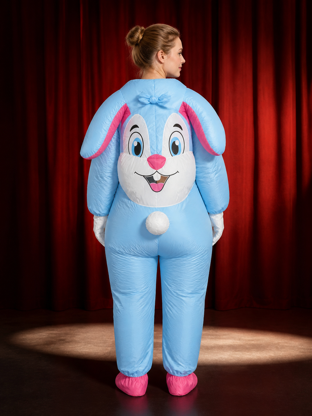 Rabbit Onesie Costume for Adults, Fluffy Pink and White Halloween Outfit with back view
