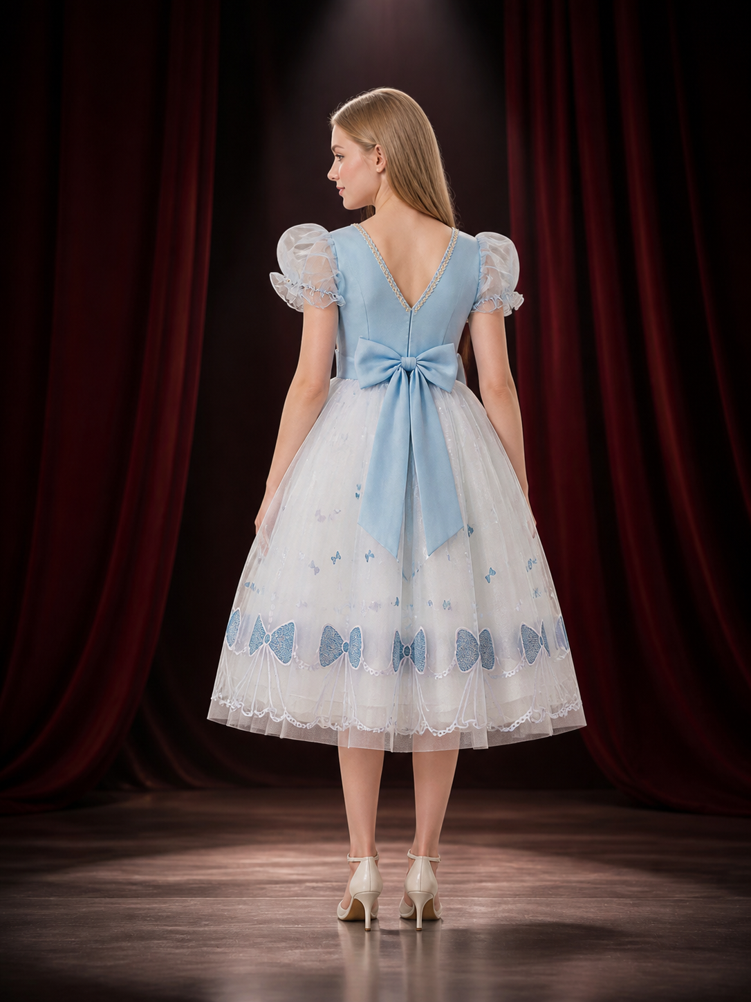 Girls' Sky Blue Princess Dress With Gold Pattern, Puff Sleeves, Layered Organza back view