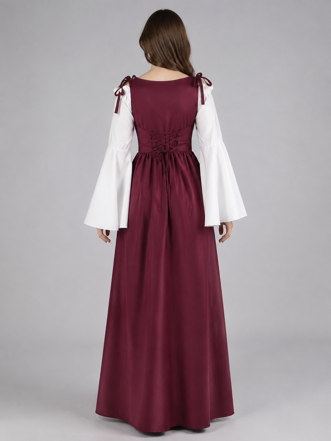 Burgundy Victorian-Style Dress with White Inserts back view