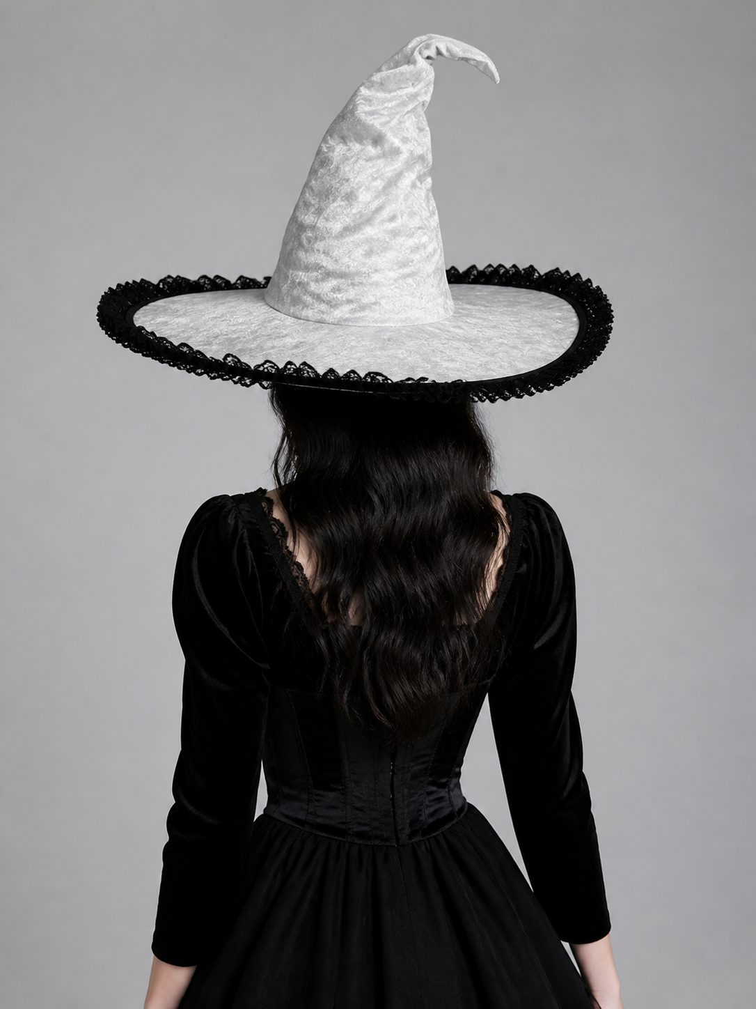 White and Black Witch Hat, Wide Brim Pointed Hat with Lace Trim and Curved back view 3