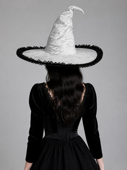 White and Black Witch Hat, Wide Brim Pointed Hat with Lace Trim and Curved back view 3