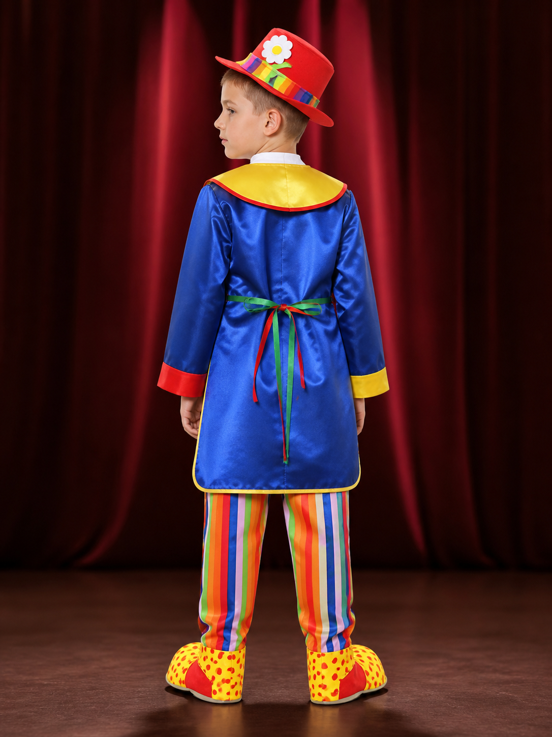 Kids' Colorful Clown Circus Costume Set with Bodysuit, Jacket, Hat and Bow Tie back view