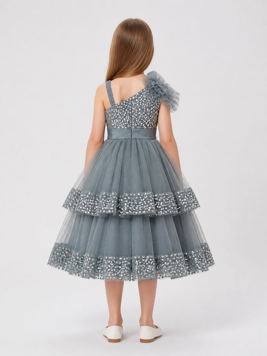 Festive Sequin and Bow Dress, Gray back view