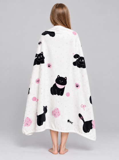 Reversible White Blanket with Cat and Bow Print