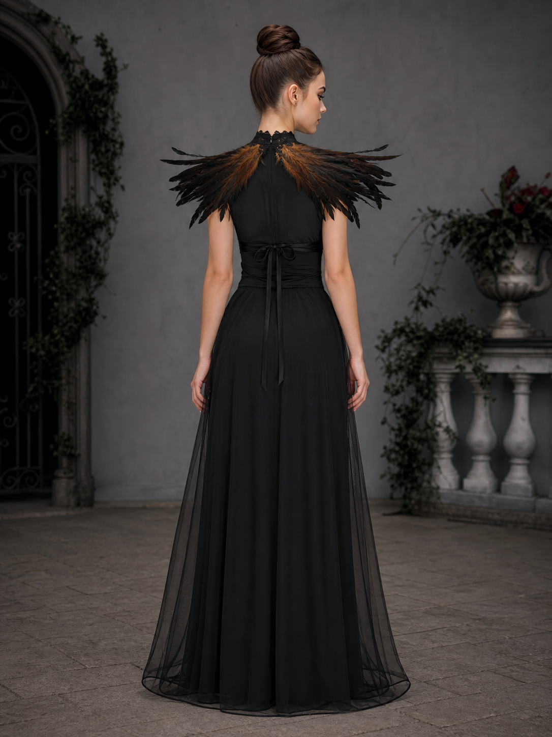 Halloween Costume Cape, Lace Collar Shoulder Wrap with Multi-Layer Feather Trim & Front Tie, Black Dark Brown, Loose Drape, for Cosplay Role Play