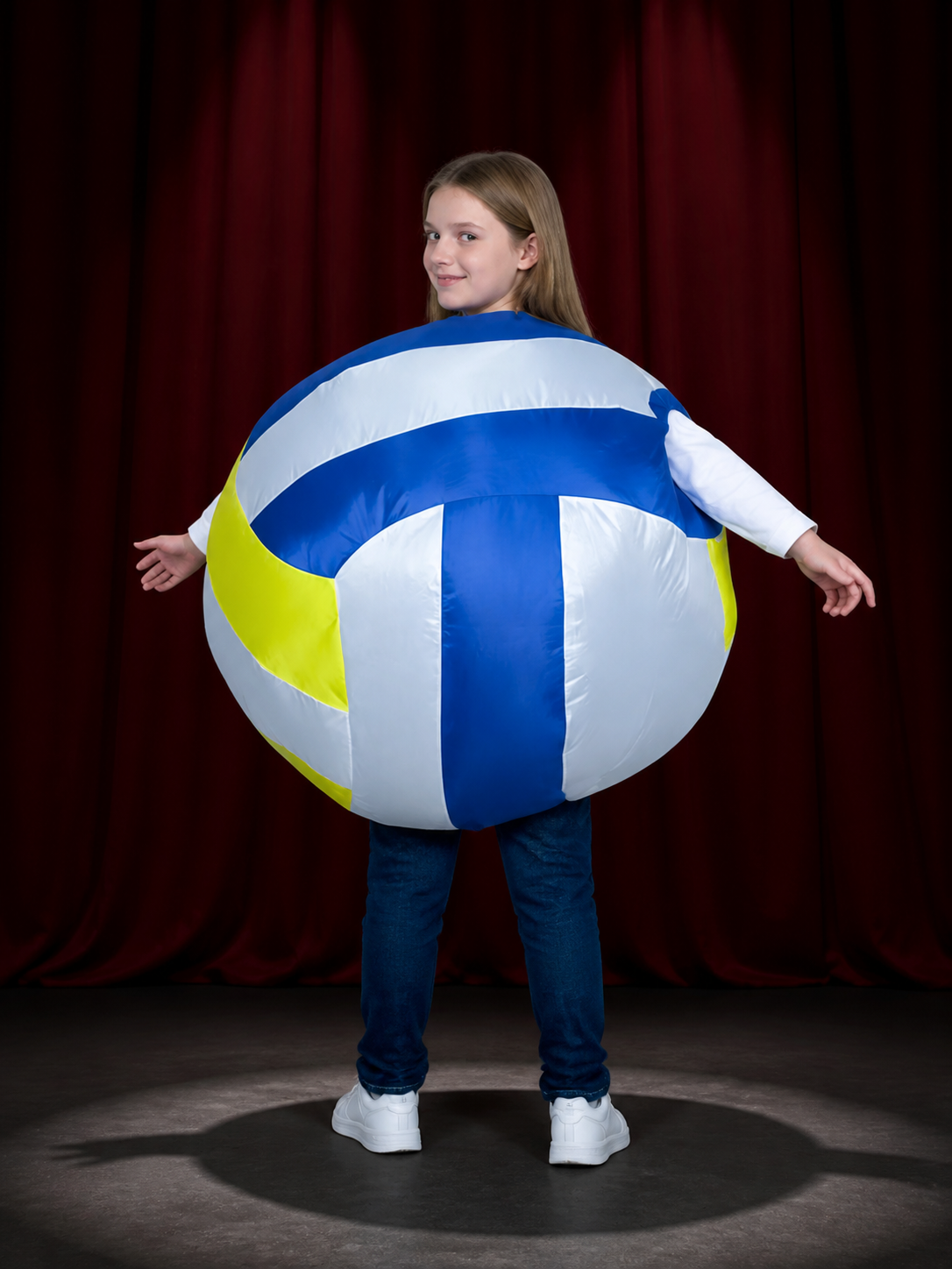 Adult Inflatable Spherical Bodysuit Costume, Blue White Fluorescent Yellow back view
