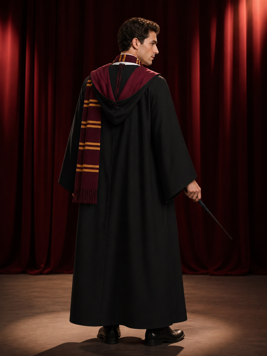 Kids Wizard Costume Set with Hooded Robe, Vest, Tie, Scarf and Wand back view