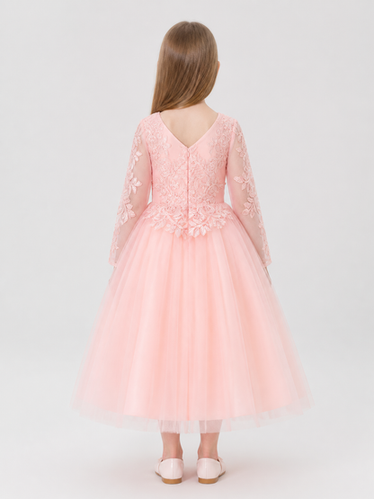 Puffy Pink Princess Dress with Floral Decor back view