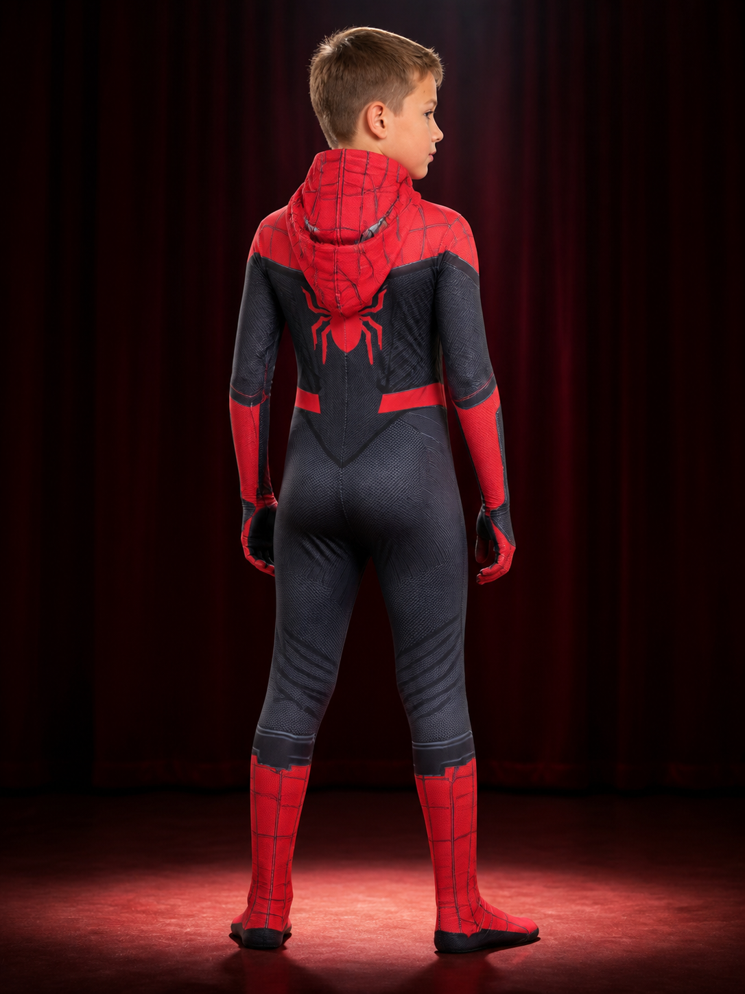Kids' Red and Black Spider-Man Full-Body Hooded Jumpsuit Costume back view