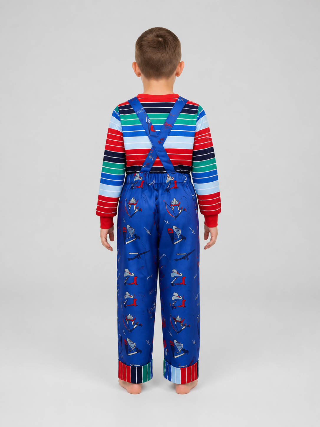 Chucky Cosplay Costume, Long-Sleeve Shirt and Bib Overalls back view