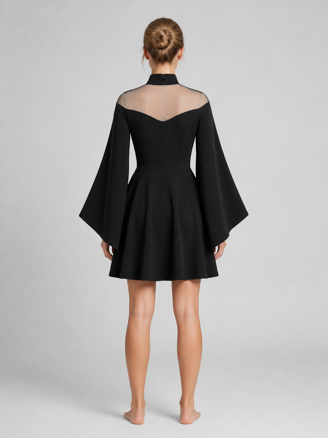 Black Party Dress with Flared Sleeves back view