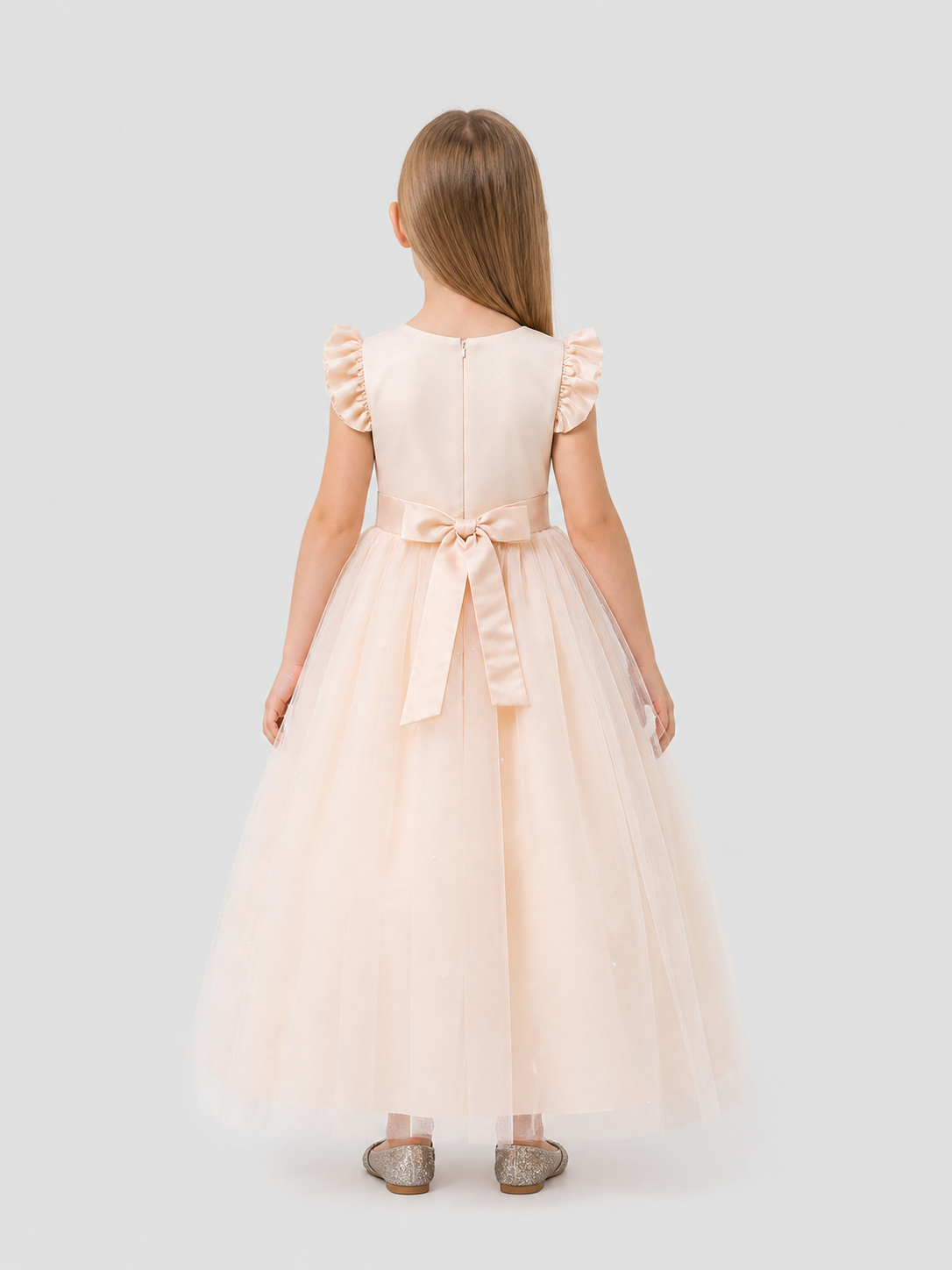 Dressy Long Princess Dress with Bow and Tulle back view