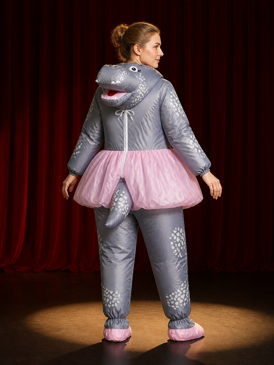 Dinosaur Inflatable Costume with Pink Skirt and White Spots, Funny Halloween back view