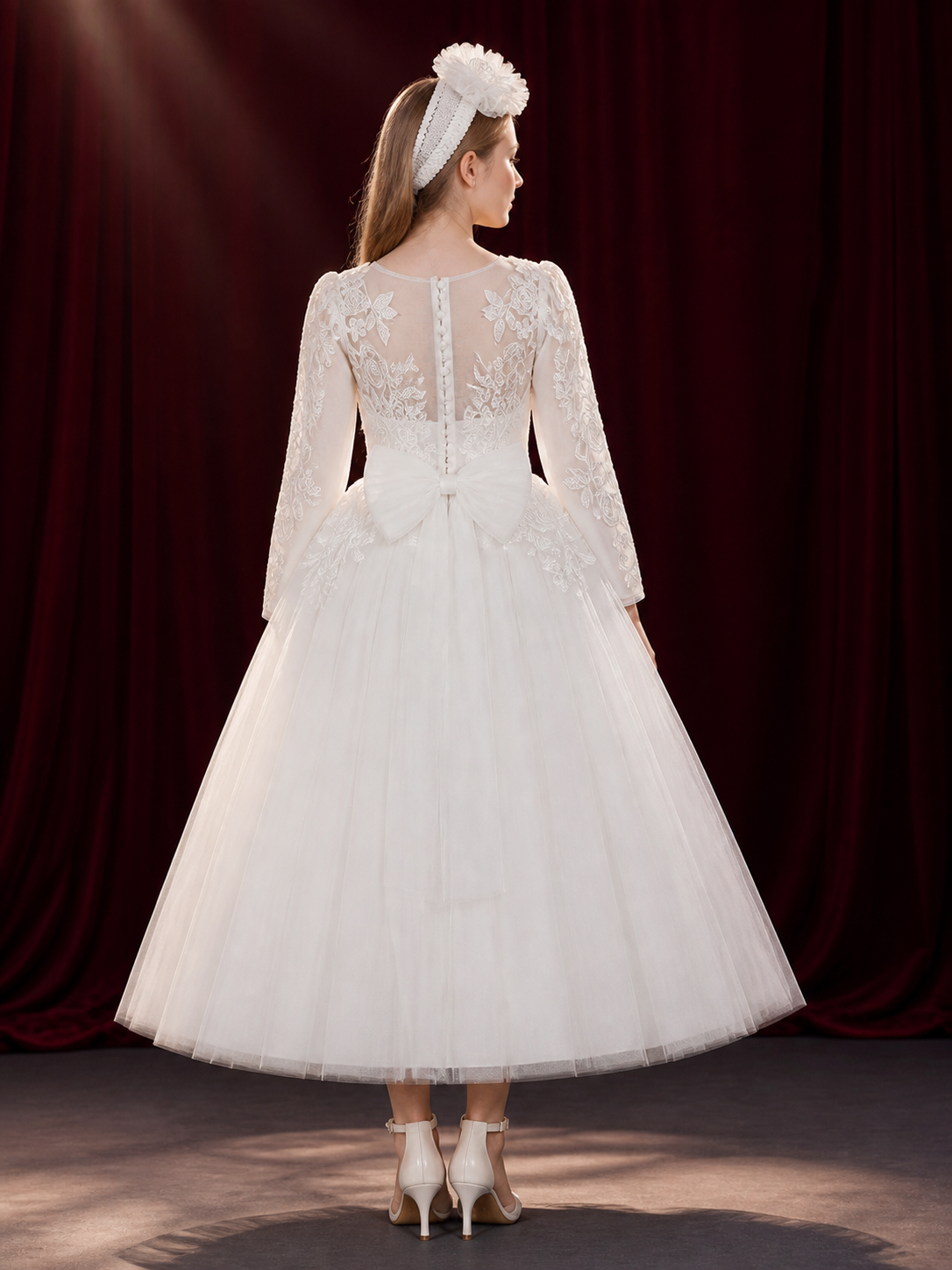 Girls' White Princess Dress, Long Sleeve Lace Embroidered Layered Tulle Gown back view
