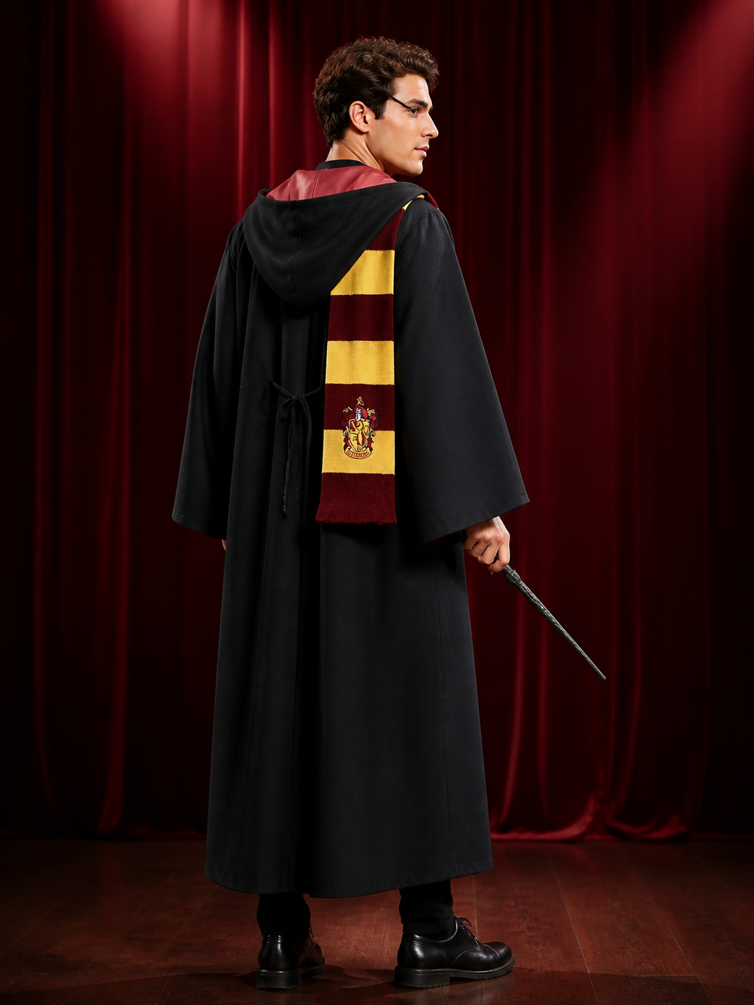 Gryffindor Wizard Costume Set, Hooded Robe With Scarf, Tie, Wand And Glasses back view