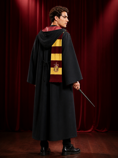 Gryffindor Wizard Costume Set, Hooded Robe With Scarf, Tie, Wand And Glasses back view