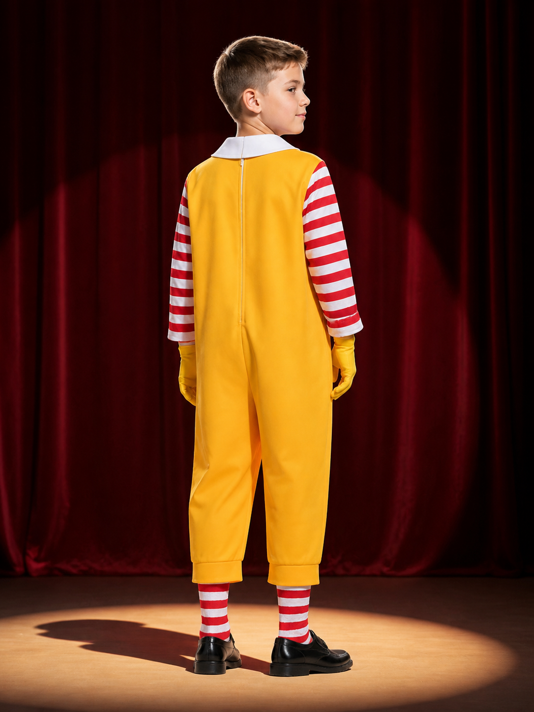 Yellow Clown Jumpsuit Costume, Red And White Striped Sleeves, Halloween Cosplay back view