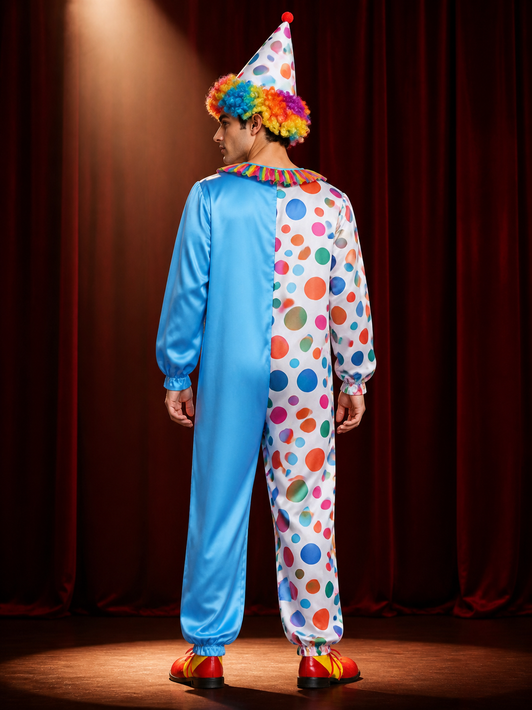 Unisex Clown Jumpsuit Costume Set, Polka Dot Print with Hat, Halloween Outfit back view