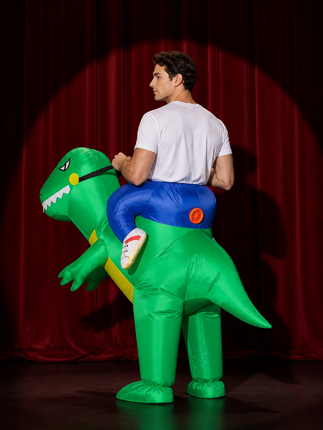 Green Inflatable Dinosaur Costume with Yellow Belly and Long Tail for Halloween back view