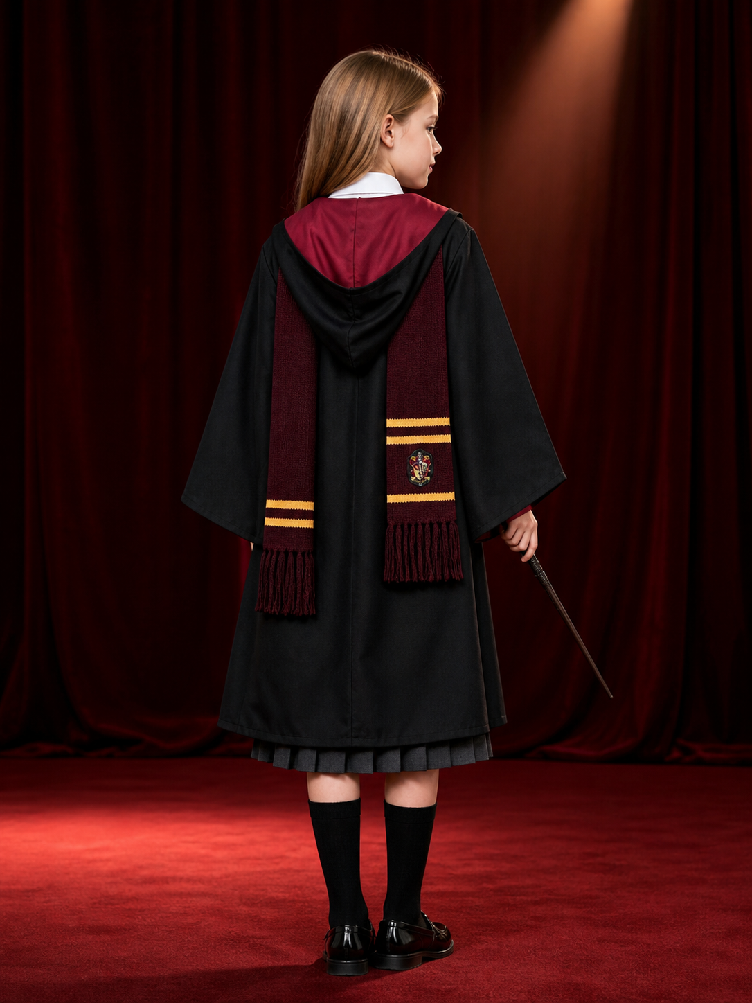 Women's Wizard School Costume Set with Hooded Robe, Wand, Tie, Scarf, Skirt and back view