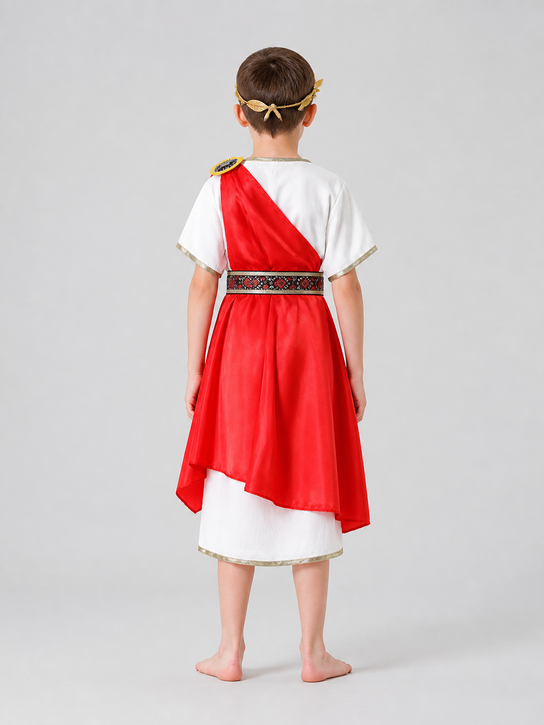 Ancient Rome–Style Costume with Tunic and Red Cape back view