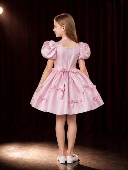 Toddler Girls' Pink Princess Party Dress with Puff Sleeves and Bow Decorations back view