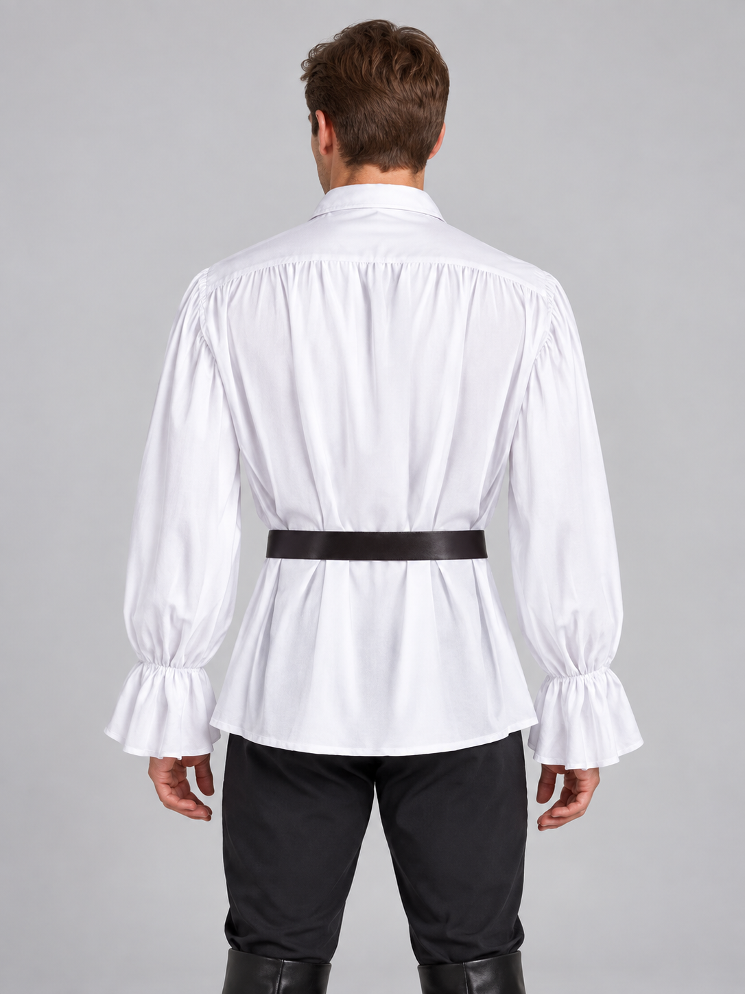 White shirt with jabot, ruffles and long sleeves, with belt
