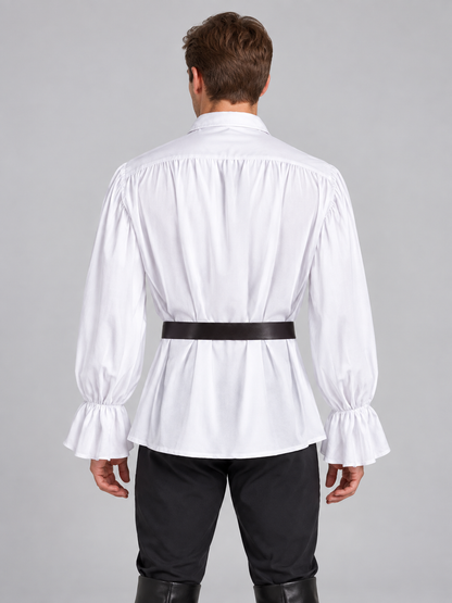 White shirt with jabot, ruffles and long sleeves, with belt