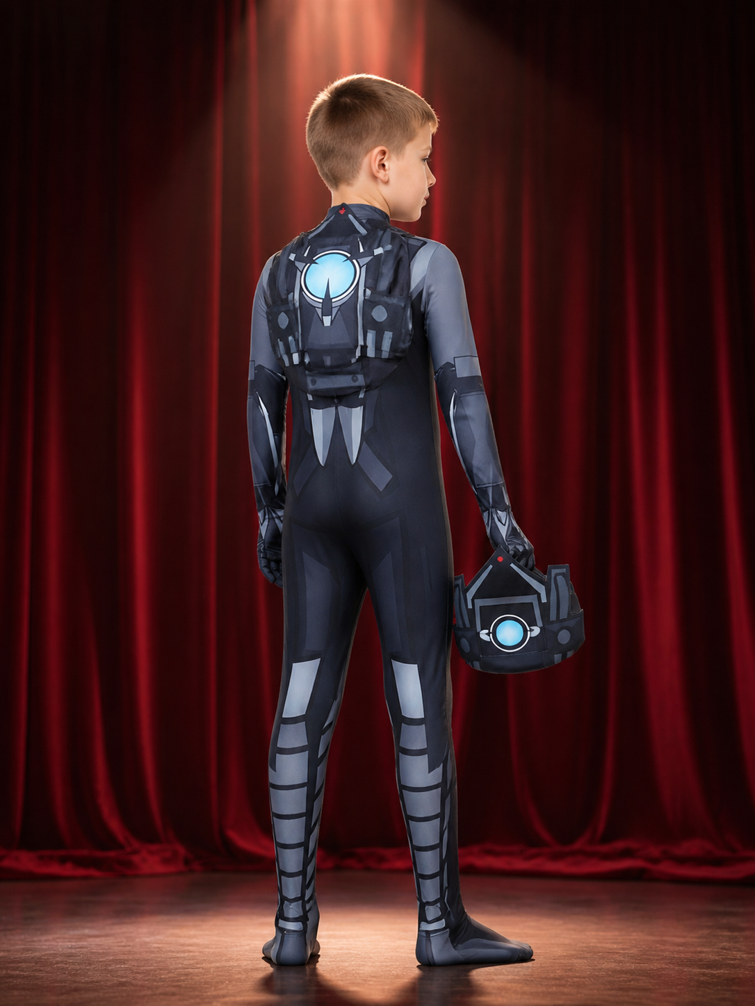Skibidi Toilet Cameraman Cosplay Bodysuit with Headpiece, Printed Mechanical back view