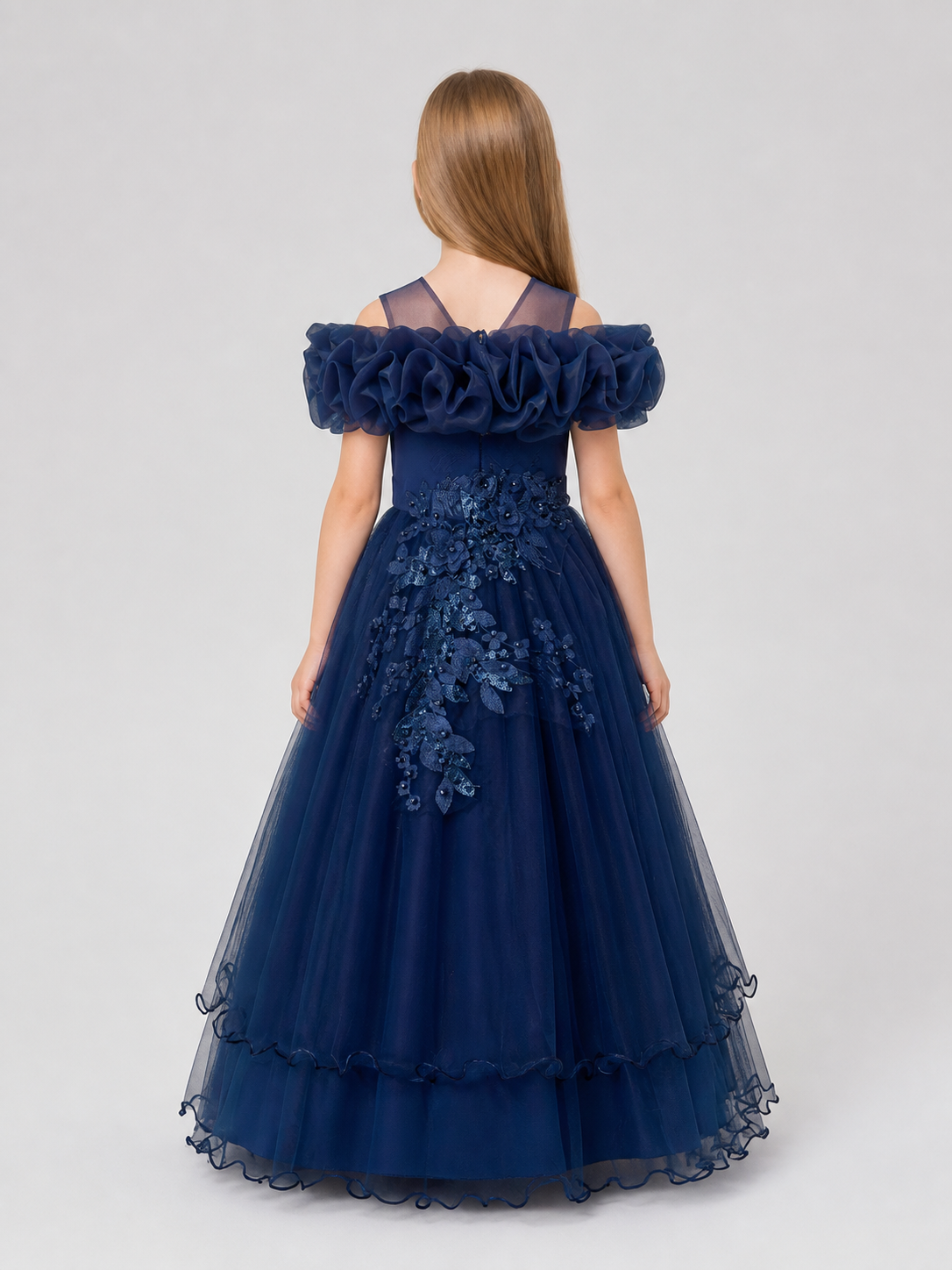 Girls' Princess Dress, Full Skirt, Sequins, Dark Blue back view