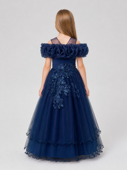 Girls' Princess Dress, Full Skirt, Sequins, Dark Blue back view