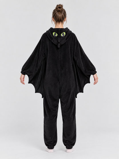 Black Fleece Hooded Pajama Jumpsuit with Wings