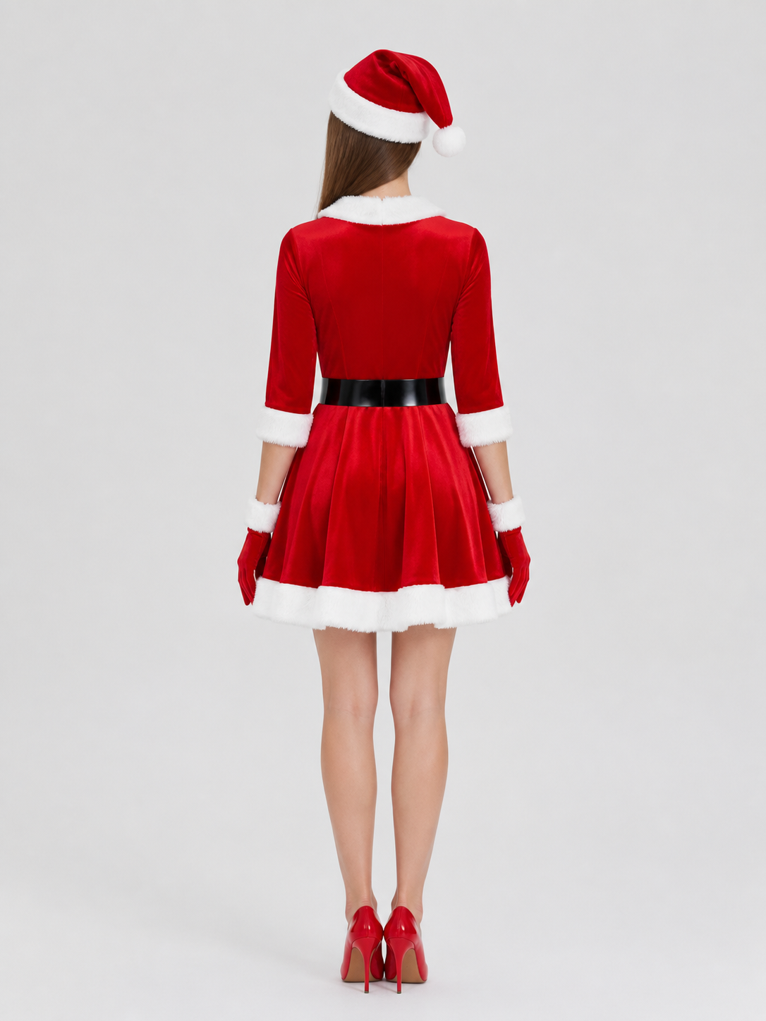 Red New Year's Dress with Belt, Hat, and Gloves back view