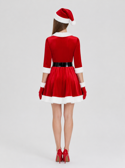 Red New Year's Dress with Belt, Hat, and Gloves back view