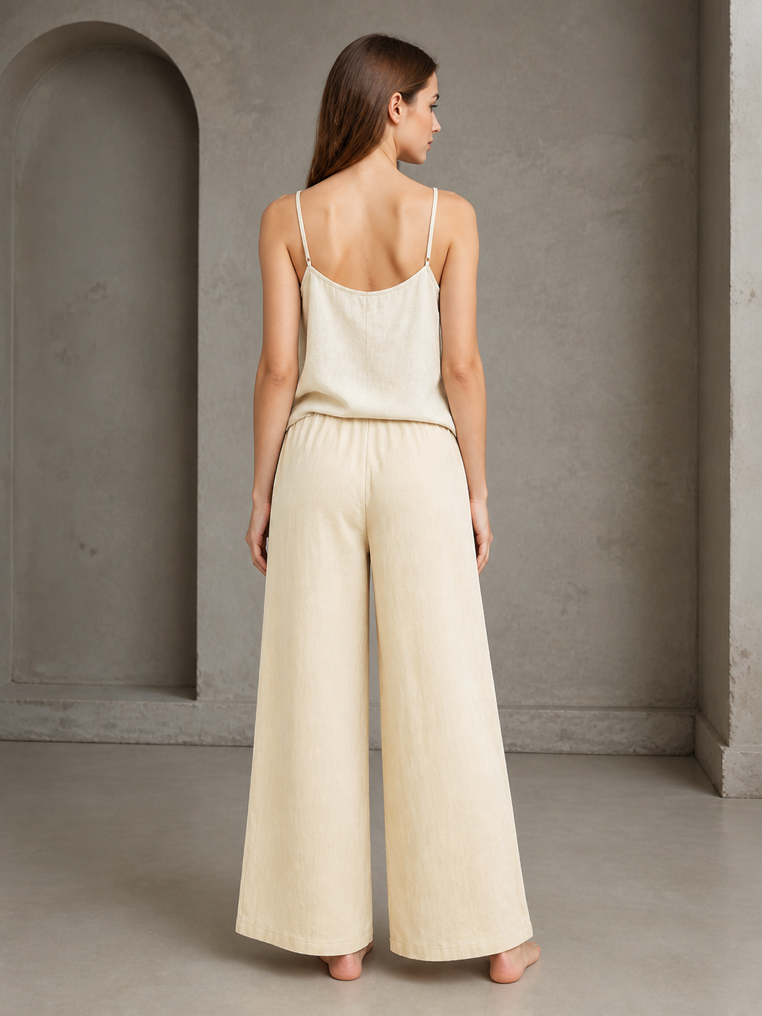 Beige Wide-Leg Pants with an Elastic Waistband and Drawstring back view 4