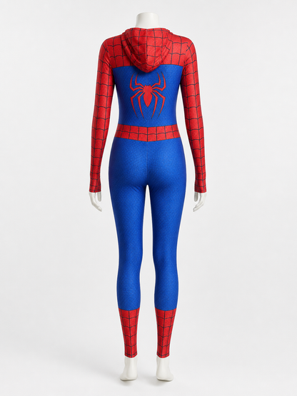 Kids Spider-Themed Full-Body Jumpsuit Costume With Attached Hooded Mask back view