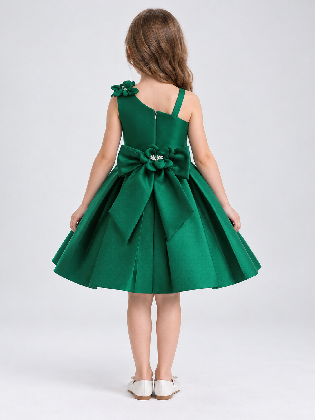 Dark Green Dress with Floral Appliqués back view