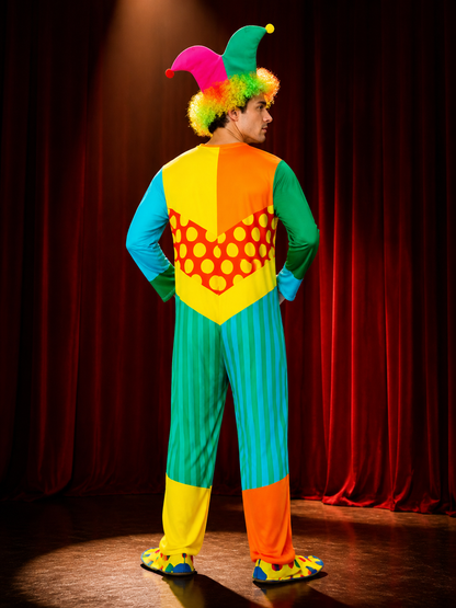 Adult Unisex Clown Jumpsuit Costume with Hat, Multicolor Striped Polka Dot back view