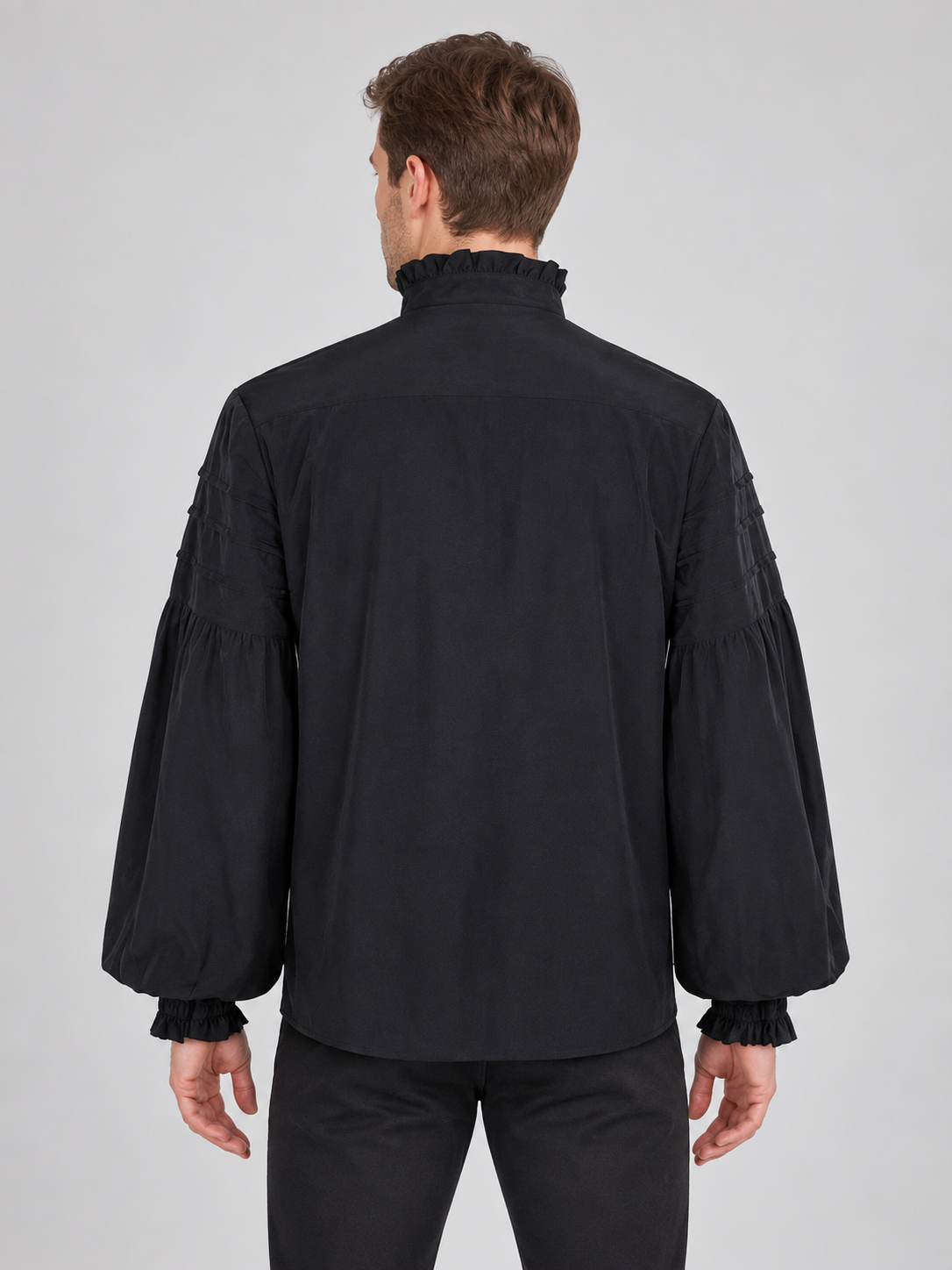 Black Shirt with Ruffles and Star Brooch