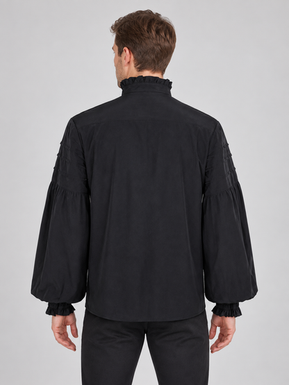 Black Shirt with Ruffles and Star Brooch