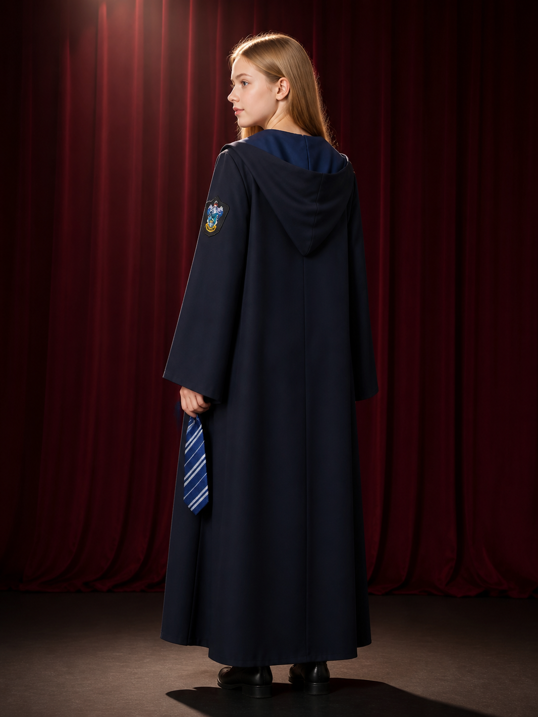 Kids Wizard Robe Costume Set with Tie - Blue Striped Halloween Outfit back view
