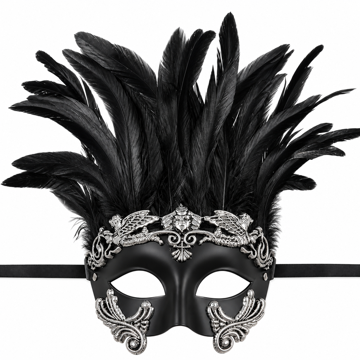 1pc Halloween Black and Silver Feather Half Face Masquerade Mask, Venetian Style